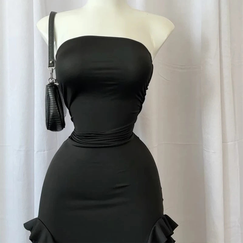 Vestido minivestido sexy sin tirantes con estampado floral, dobladillo plegado, abertura alta, liso, sin espalda, sin mangas, negro y rosa, para fiesta, 2024