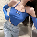 Women's Hanging Neck Off Shoulder T-shirt with Mesh Splice Sexy Open Umbilical Long Sleeve Top T-shirt