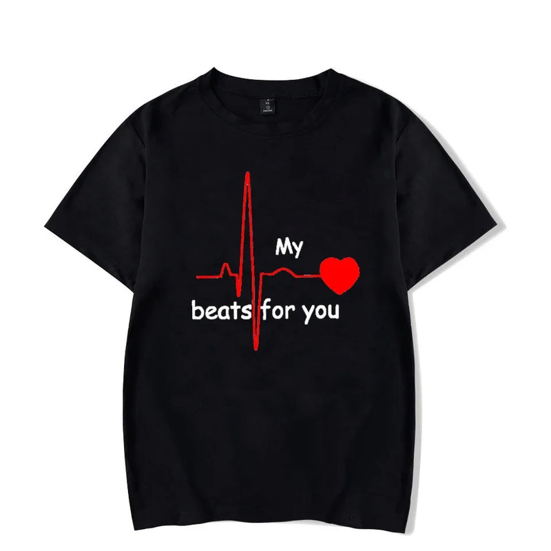Summer Couple Heart Beats for You Print T Shirt Causal Women Man Tee Shirt Couples T Shirts O Neck Tops Harajuku Lovers Clothing