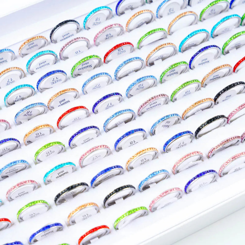 10Pcs/Lot Fashion Classic Rhinestone Stainless Steel Rings For Women Simple Shiny Colorful Finger Jewelry Wedding Party Gifts