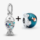 2Pcs/Lot Crystal Blue Scaled Fish Bead With Pendant Fit DIY Brand Charm Bracelet  For Women's Summer Jewelry To Making Gift