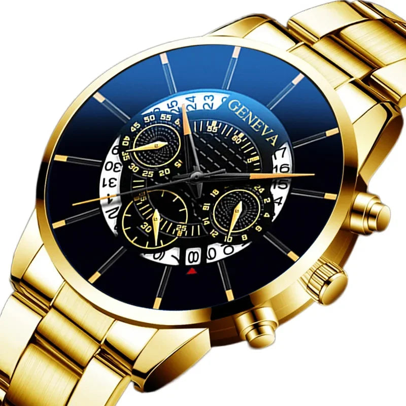 Luxury Hollow Out Men's Watches Fashion Business Calendar Blue Stainless Steel Mesh Belt Analog Quartz Watch Relogio Masculino