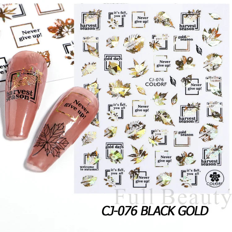 Shiny Maple Geometry Autumn Nail Art Stickers Laser Sector Fall Leaves Decals Cute Squirrel Slider Manicure Decorations CHCJ-076