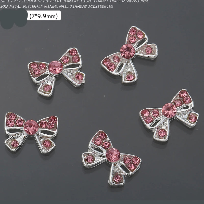 10Pcs Pink Metal Gem Zircon Nail Art Charm 3D Luxurious Heart Ribbon Cross Starlight Nail Decoration DIY Zircon Nail Accessories