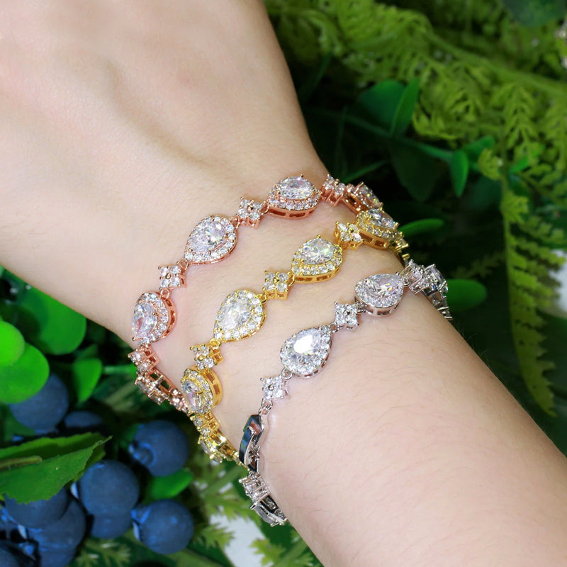 ThreeGraces Shiny Water Drop Cubic Zirconia Elegant Link Chain Bridal Bracelet for Women Luxury Wedding Party Jewelry BR375