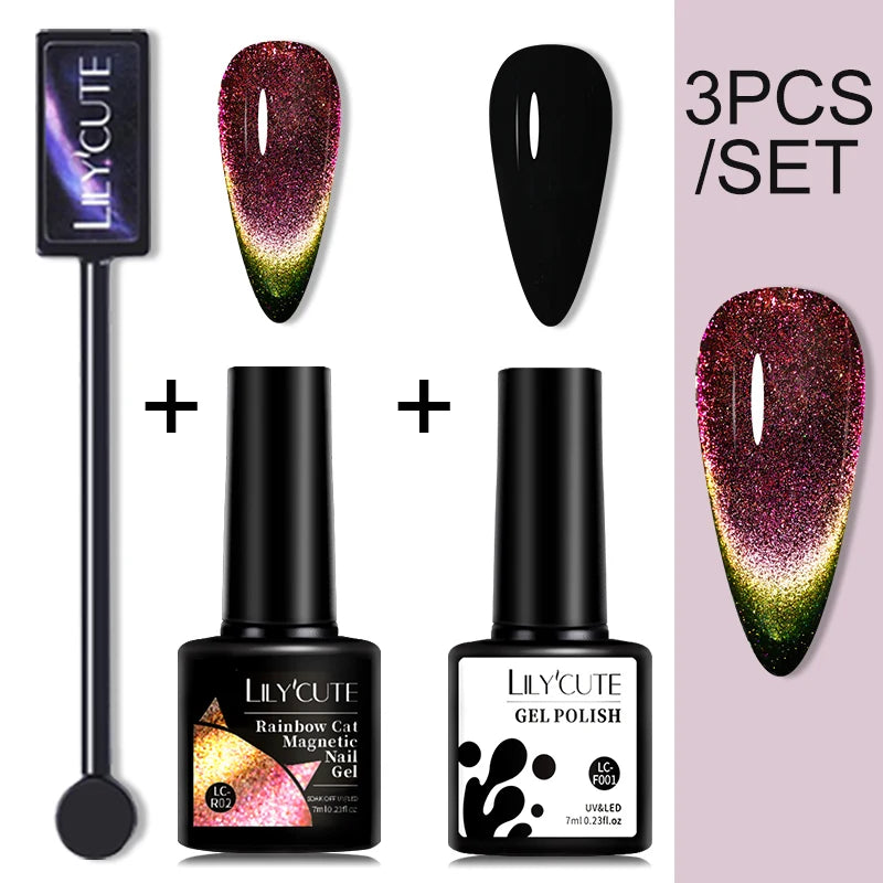 LILYCUTE 7ML 9D Cat Magnetic Gel Polish Set Semi Permanent Soak Off UV LED Glitter Nails Magnet Stick Black Gel Needed
