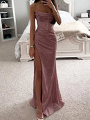 Women Elegant Slim Fit High Slit Backless Long Party Dress, Sexy Club, V Neck, Sleeveless, Spring, Summer, 2024 Newest