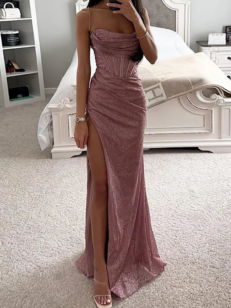 Women Elegant Slim Fit High Slit Backless Long Party Dress, Sexy Club, V Neck, Sleeveless, Spring, Summer, 2024 Newest