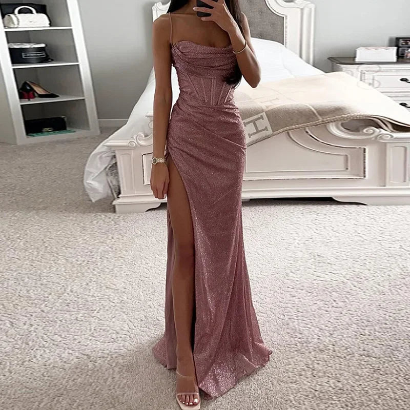 Women Elegant Slim Fit High Slit Backless Long Party Dress, Sexy Club, V Neck, Sleeveless, Spring, Summer, 2024 Newest