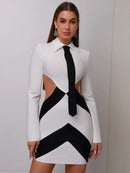 Women Sexy Long Sleeve Patchwork Black White Tie Cut Out Mini Bandage Dress 2023 Elegant Christmas Evening Club Party Dress