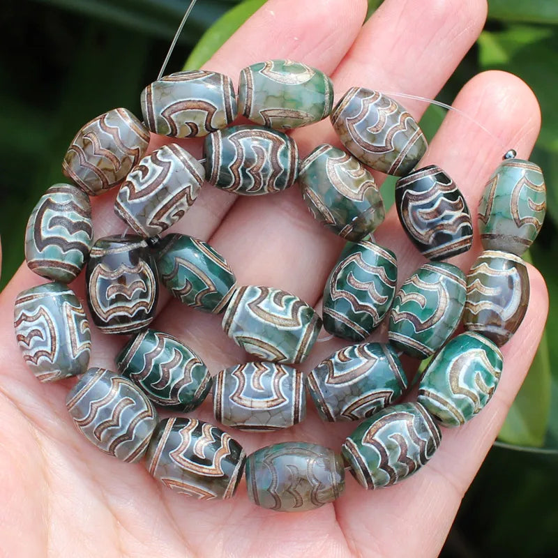 8pcs ,10x14mm Natural Green Agate Ancient Tibet Dzi beads, Many patterns, For DIY Jewelry making !
