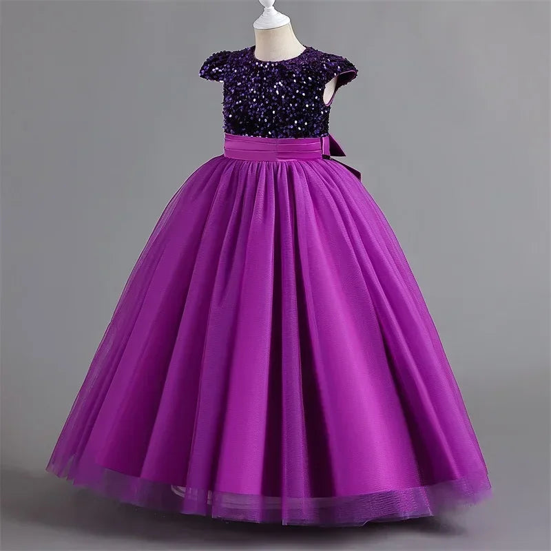 Puffy Girls Party Dress Elegant Kids Wedding Gala Prom Gown Sequin Bow Children Birthday Princess Dress For Girl Clothes 5-14Yrs