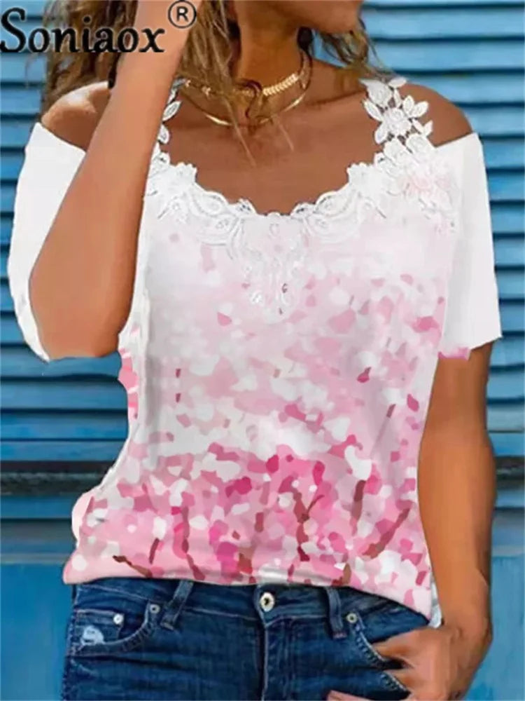 Summer Sexy Lace Short Sleeve Off Shoulder V-Neck Women T-Shirts Ladies Floral Print Street Tops Female Casual Loose T-Shirt