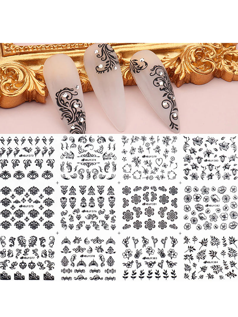 12pcs Nail Stickers Flower Leaf Lace Design Geometry Line Nail Art Sliders Manicure Polish Decal Wrap Decorations Wholesale