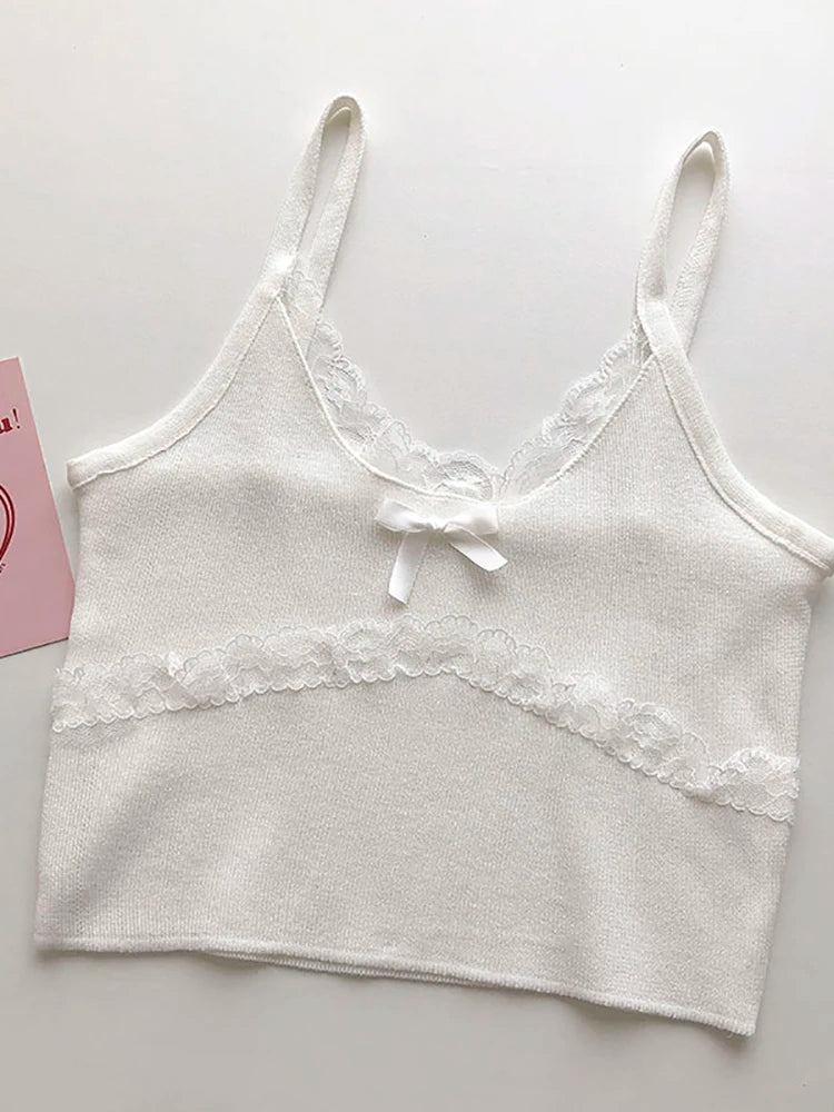 HELIAR Women Lace Bowknot Tops Female Plain Straps Tank Tops Streetwear Camisole Cute Crop Tops For Women 2023 Summer