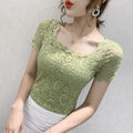 Lace square collar short-sleeved top for women summer
