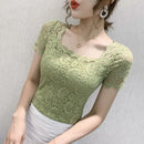 Lace square collar short-sleeved top for women summer