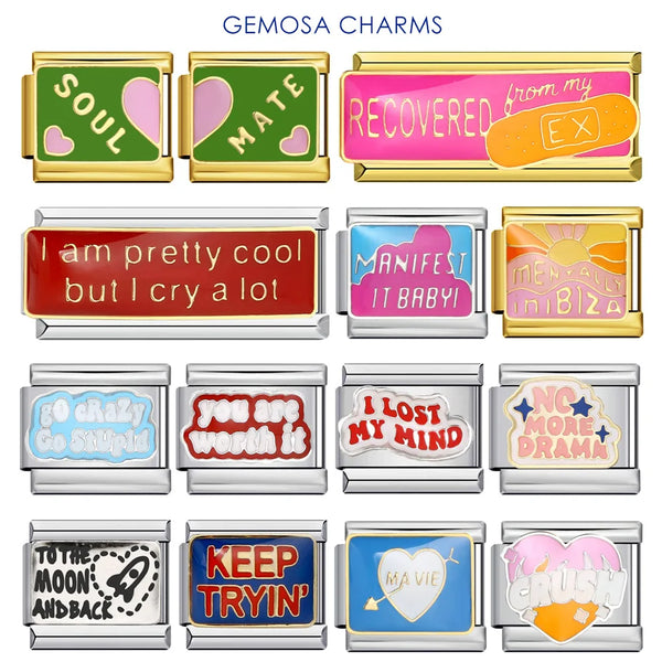 GEMOSA New Personalized Signature Words Italian Charms Link Fit 9mm Stainless Steel Bracelet Making DIY Jewelry for Women Men