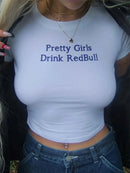European and American girls drinking Red Bull trendy letter print Y2K pure desire spicy girl ultra short top women's T-shirt