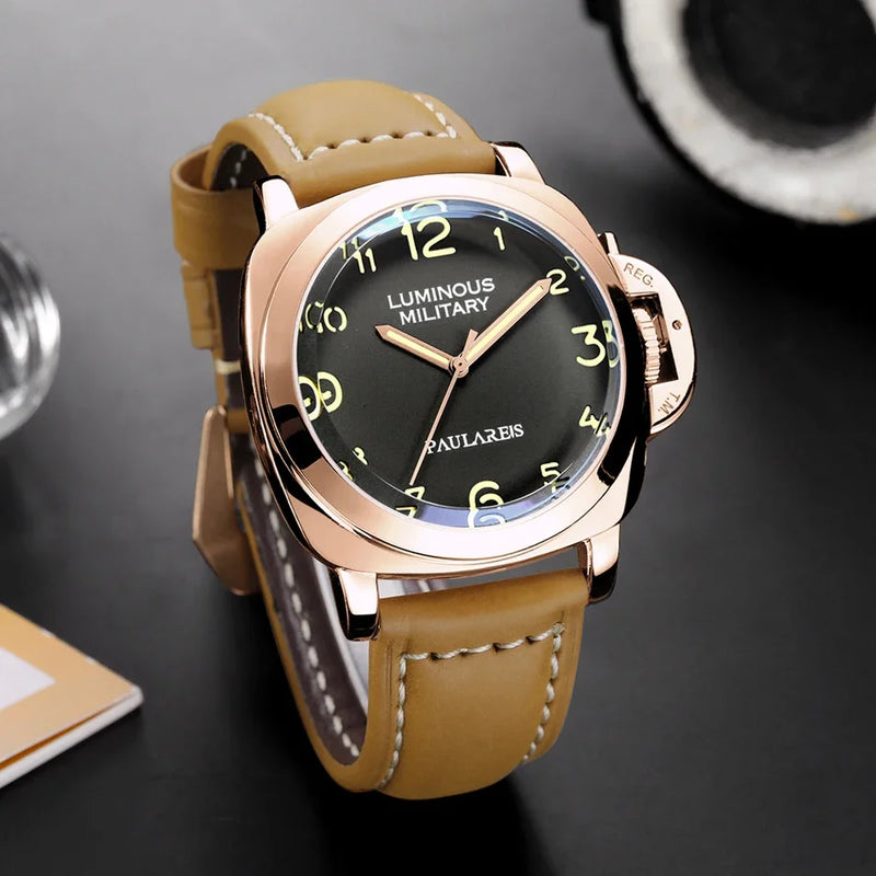 Automatic Watches for Men Mechanical Genuine Brown Leather Yellow Green Military 44mm Luxury Rose Gold Reloj Hombre Baratos