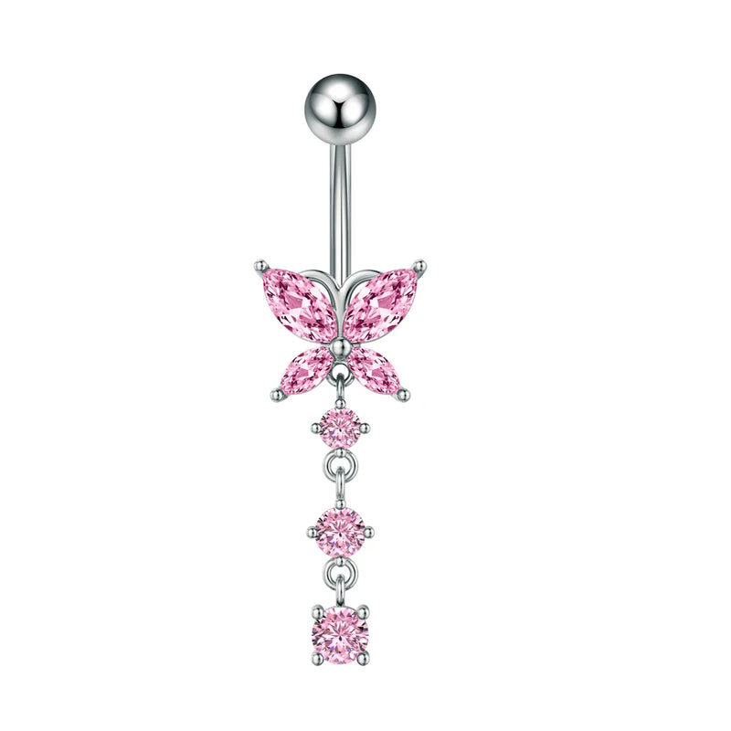 14G Stainless Steel Heart Dangled Belly Button Rings Belly Piercing Nombril for Women Girls Pink Zircon Crystal Sexy Navel Ring
