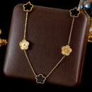 GANEMLY 316L Stainless Steel Red Plum Blossom Plant Leaf Flower Set Reversible Necklace Earrings Bracelet Women Clover Jewelry