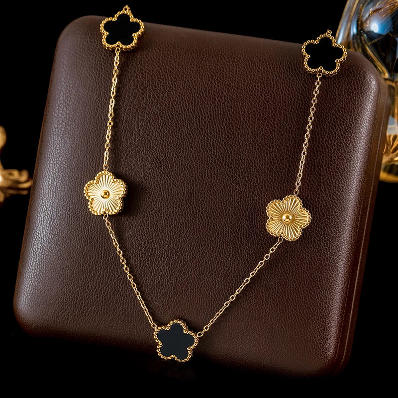 GANEMLY 316L Stainless Steel Red Plum Blossom Plant Leaf Flower Set Reversible Necklace Earrings Bracelet Women Clover Jewelry