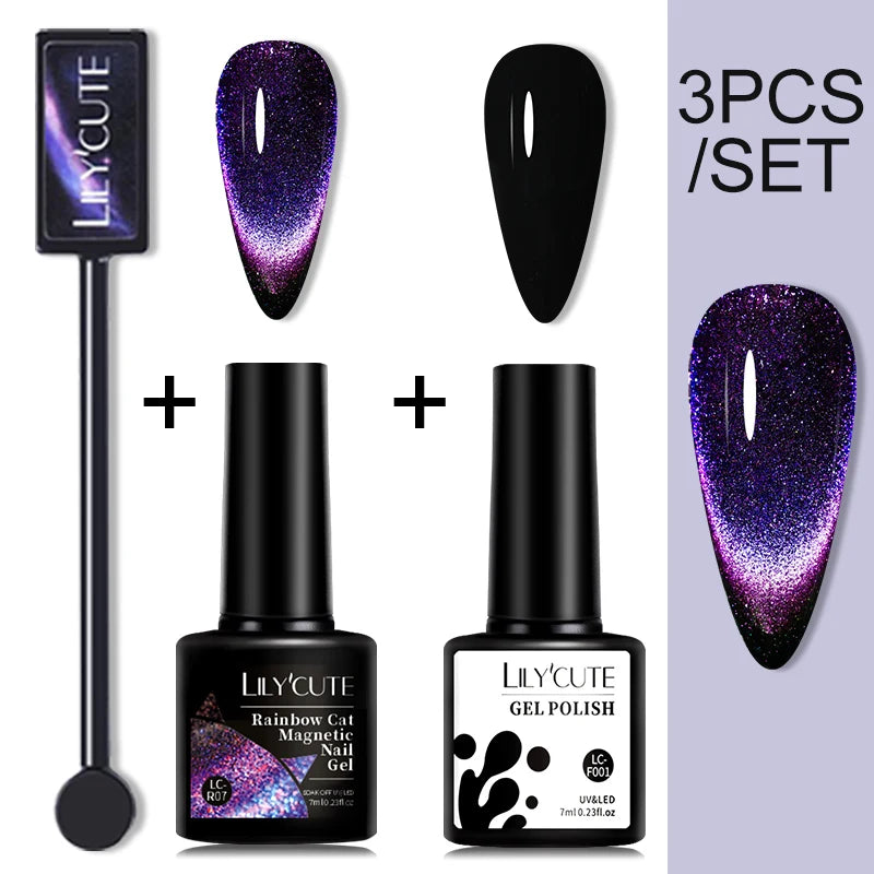 LILYCUTE 7ML 9D Cat Magnetic Gel Polish Set Semi Permanent Soak Off UV LED Glitter Nails Magnet Stick Black Gel Needed