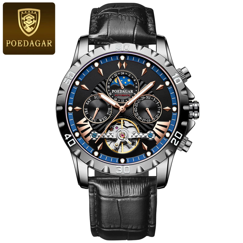 POEDAGAR Tourbillon Automatic Mechanical Wristwatch Waterproof Luminous Date Week Leather Men Watch Luxury Fashion Men's Watches