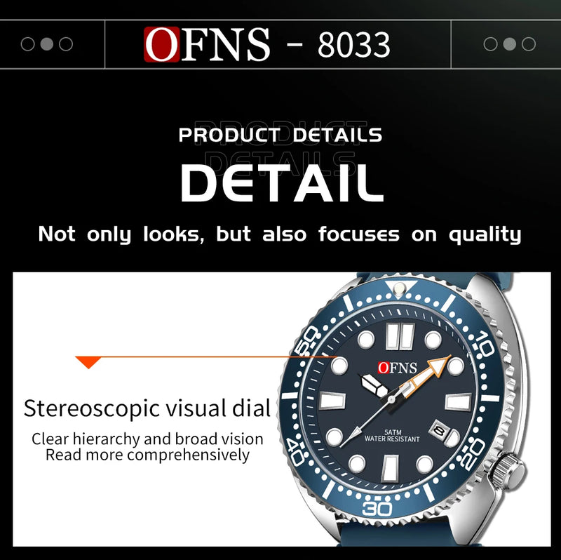 OFNS New Style Fashion 8033 Men's Quartz Watch Simple Fashion Waterproof Calendar Watch Casual Silicone Strap Watch Wristwatch