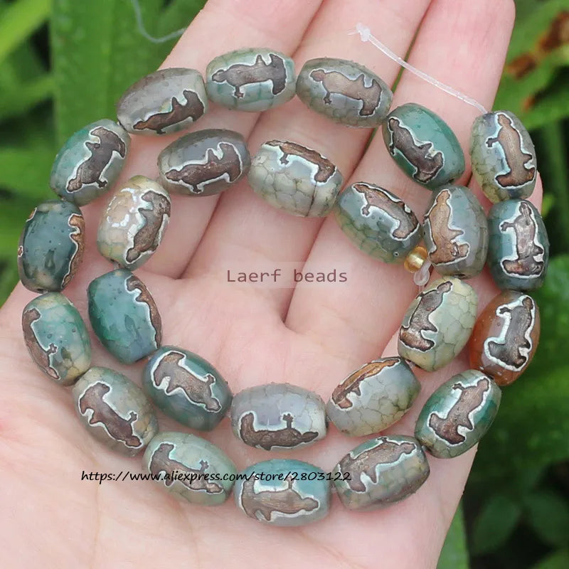 8pcs ,10x14mm Natural Green Agate Ancient Tibet Dzi beads, Many patterns, For DIY Jewelry making !