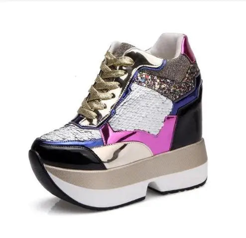 size 34 40 New arrival  Autumn Fashion casual shoes women High Platform Shoes 13 cm thick soled female Trainers Gold Silver