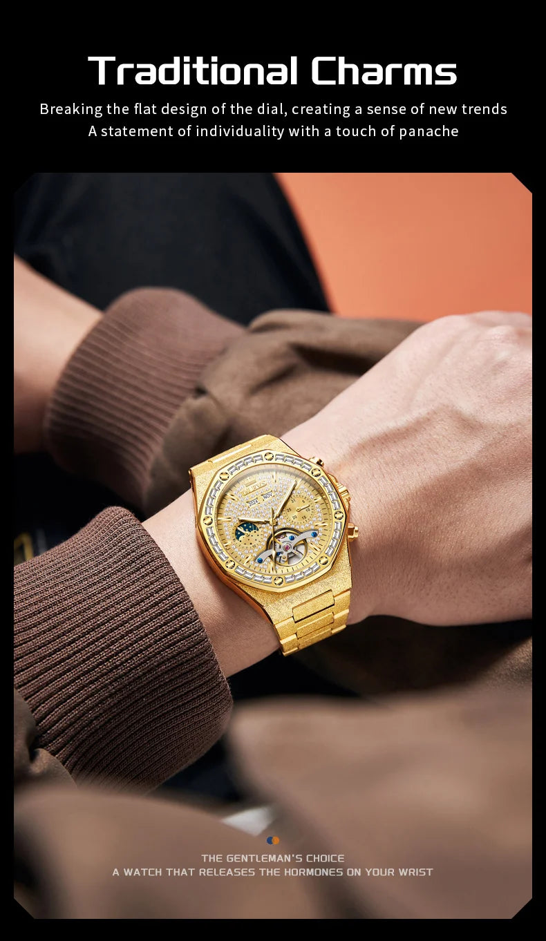 OLEVS 9805 High end Men Watches  Waterproof Moon Phase Diamond Dial Fashion Luxury Mechanical Watch Skeleton Original Wristwatch