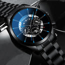 Luxury Hollow Out Men's Watches Fashion Business Calendar Blue Stainless Steel Mesh Belt Analog Quartz Watch Relogio Masculino