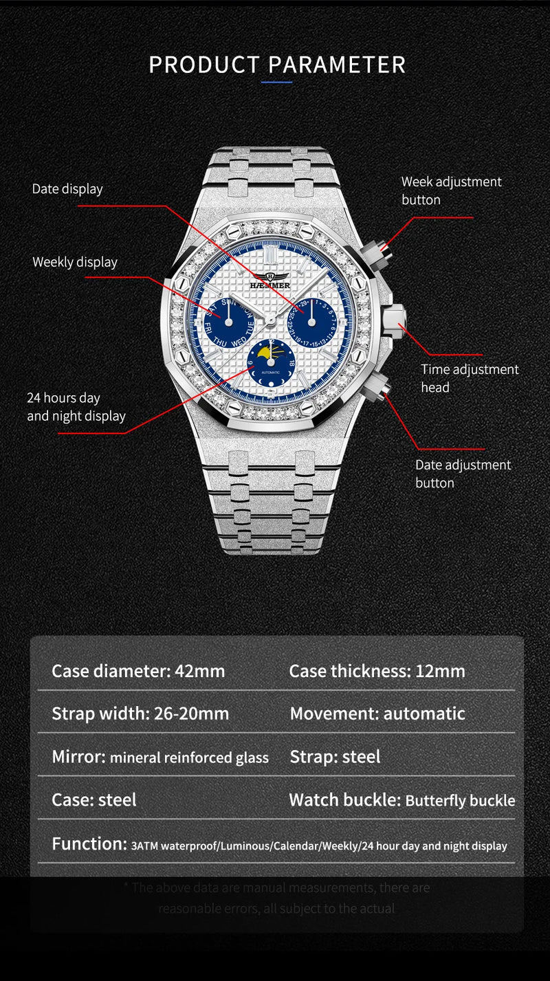 HAEMMER high-end design multifunctional men's watch stainless steel silver diamond face fashionable men's watch waterproof 30ATM