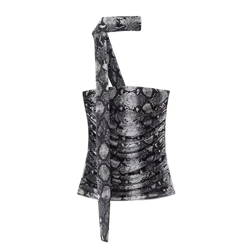 Aoaiiys Leopard Print Crop Top Women Tulle Tops Y2k Ruched Tops Sexy Backless Sleeveless Summer Pleated Beach Halter Top 2024