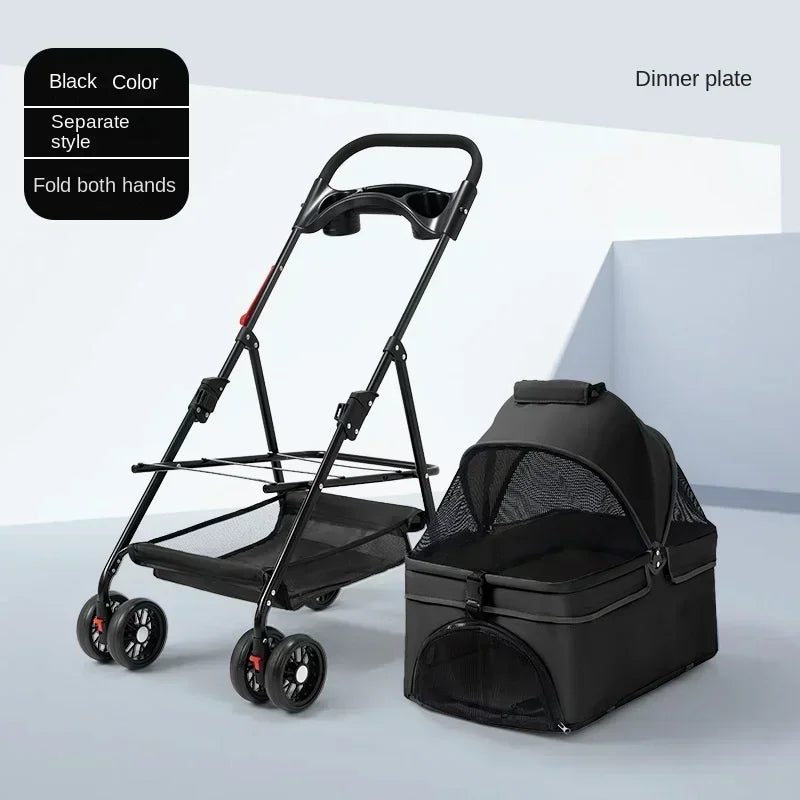 Suitable for dogs and cats to use outdoors. Foldable pet stroller, four-wheel dog travel cart, with storage basket