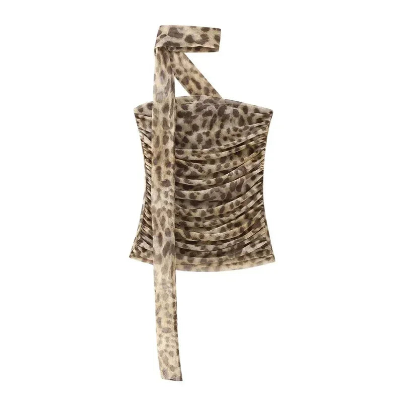 Aoaiiys Leopard Print Crop Top Women Tulle Tops Y2k Ruched Tops Sexy Backless Sleeveless Summer Pleated Beach Halter Top 2024