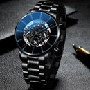 Luxury Hollow Out Men's Watches Fashion Business Calendar Blue Stainless Steel Mesh Belt Analog Quartz Watch Relogio Masculino