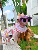 Fashion Cat Pink Dress with Pruple Hat Pink Bib for Sphynx Cat Summer Short Sleeves Kittens with Hat Cat Loungewear Devon Rex