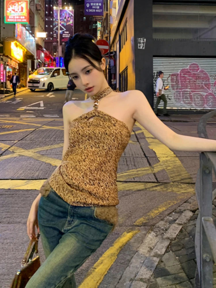 Y2k Aesthetic Hollow Out Leopard Sexy Tank Top Women Streetwear Backless Bandage Tanks Harajuku Halter Slim Fit Vintage Tops