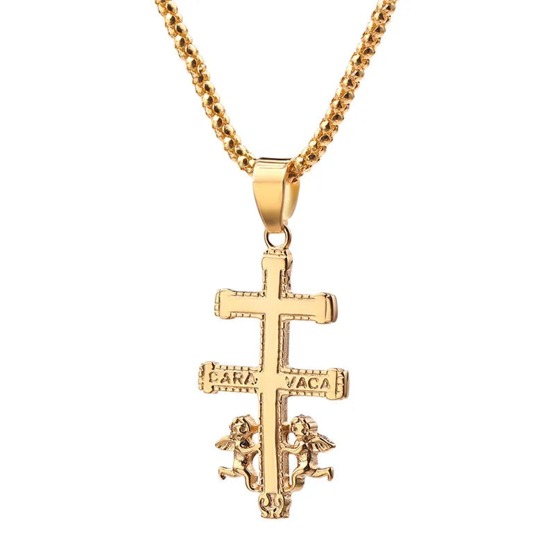 Catholic Caravaca Crucifix Orthodox Russian Cross Necklace Pendant With Cherub Angel Best Christian Necklace Jewelry Gifts