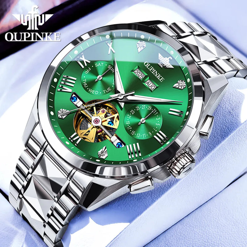 OUPINKE 3240 Automatic Watches Men 44mm Large Dial Tungsten Steel Strap Skeleton Flywheel Mechanical Watch for Men Luxury Watch