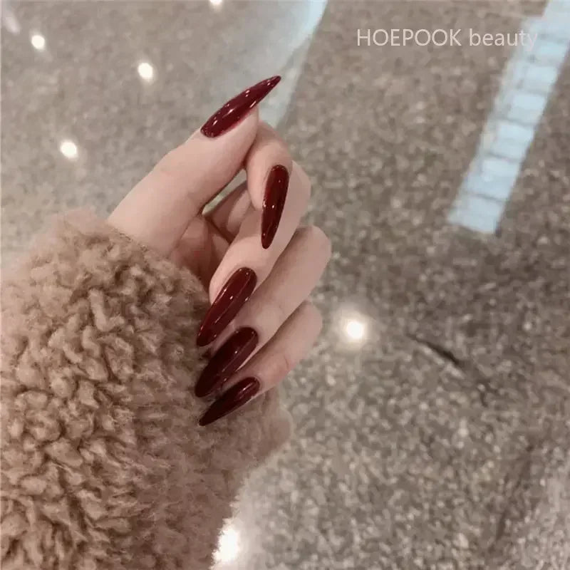 24pcs Wine Red Long Round Coffin Fake Nails With Glue Finished Art Full Cover Artificial Wearing False Nails Press On Nails Set