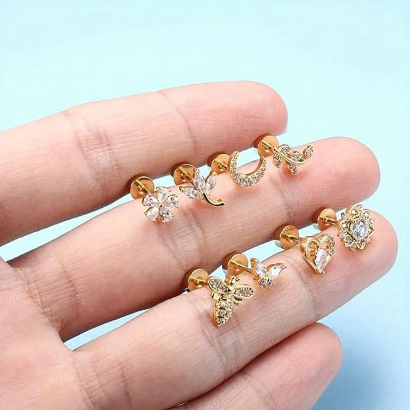 Drperfect 1 PC Earrings Stylish Safe Internally Threaded CZ Jewelry for Women and Men - Moon Heart-Shaped Bee Butterfly Designs