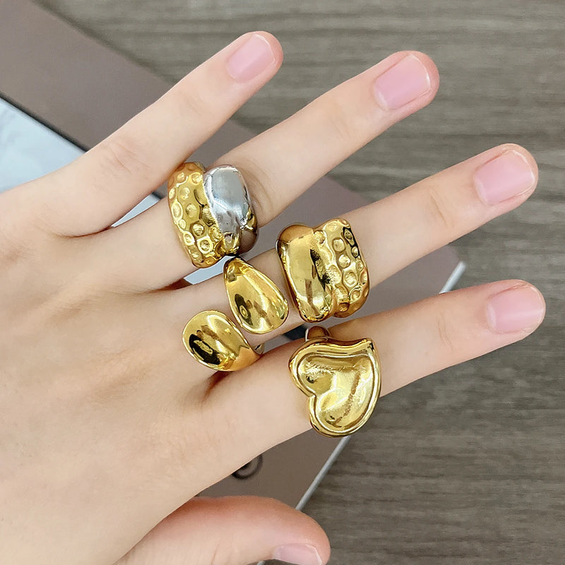 New Irregular Stainless Steel Chunky Dome Ring for Women Men Statement Croissant Ring Wide Double Layer Rings Party Jewelry Gift