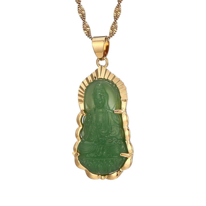 Green Jade Guanyin Pendant Necklace Chinese Buddha Buddhist Charm Maitreya Amulet Hinduism Jewelry