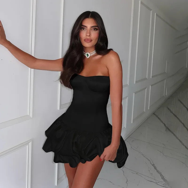 Fashion Sleeveless Backless High Waist Short Ruched Dresses for Women Sexy Strapless Slim A-line Pleated Mini Red Party Dress