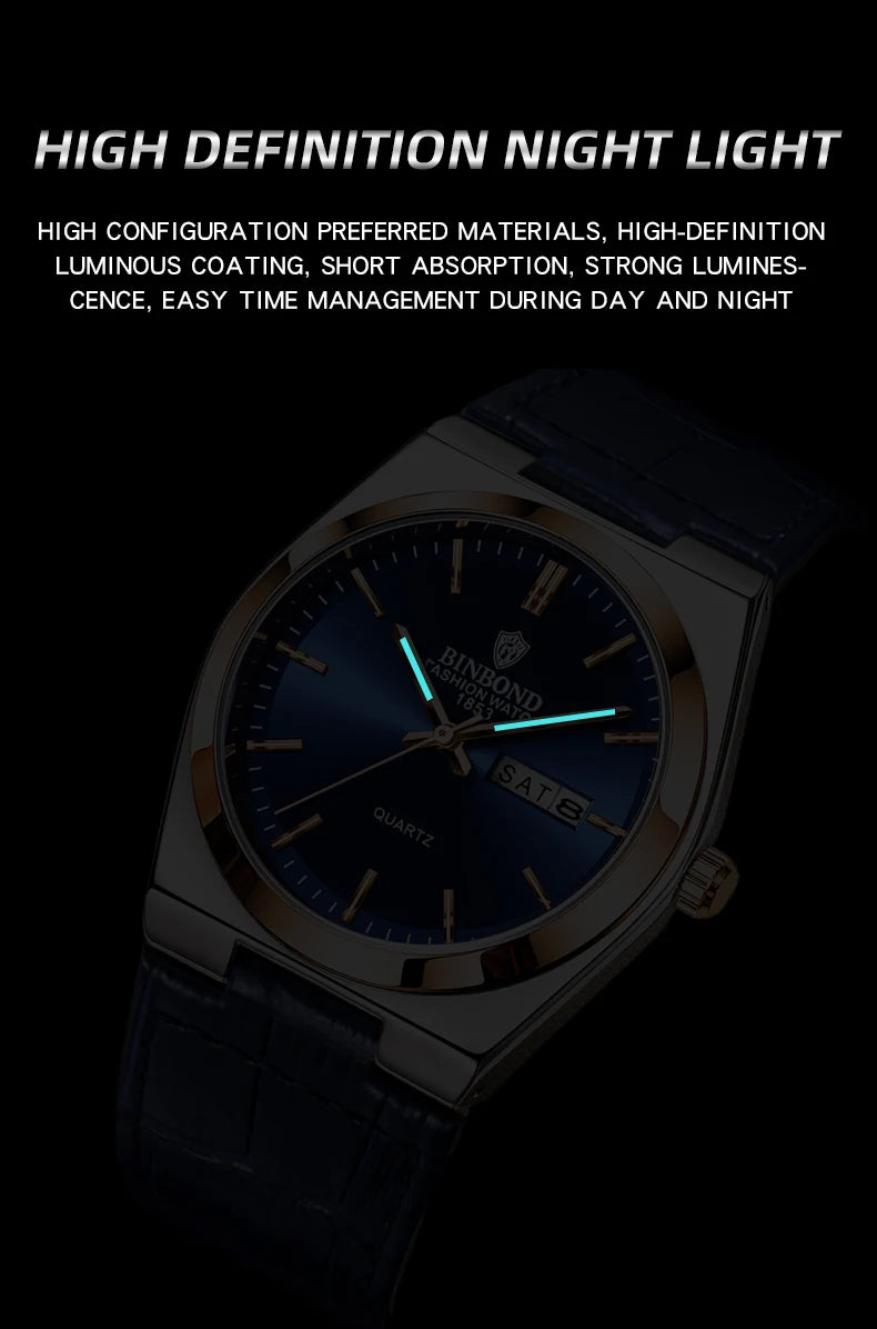BINBOND New Authentic Youth Men's Quartz Watchwith Fashion Leather Strap Waterproof Luminous Calendar Luxury Business Men Watch