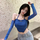 Women's Hanging Neck Off Shoulder T-shirt with Mesh Splice Sexy Open Umbilical Long Sleeve Top T-shirt
